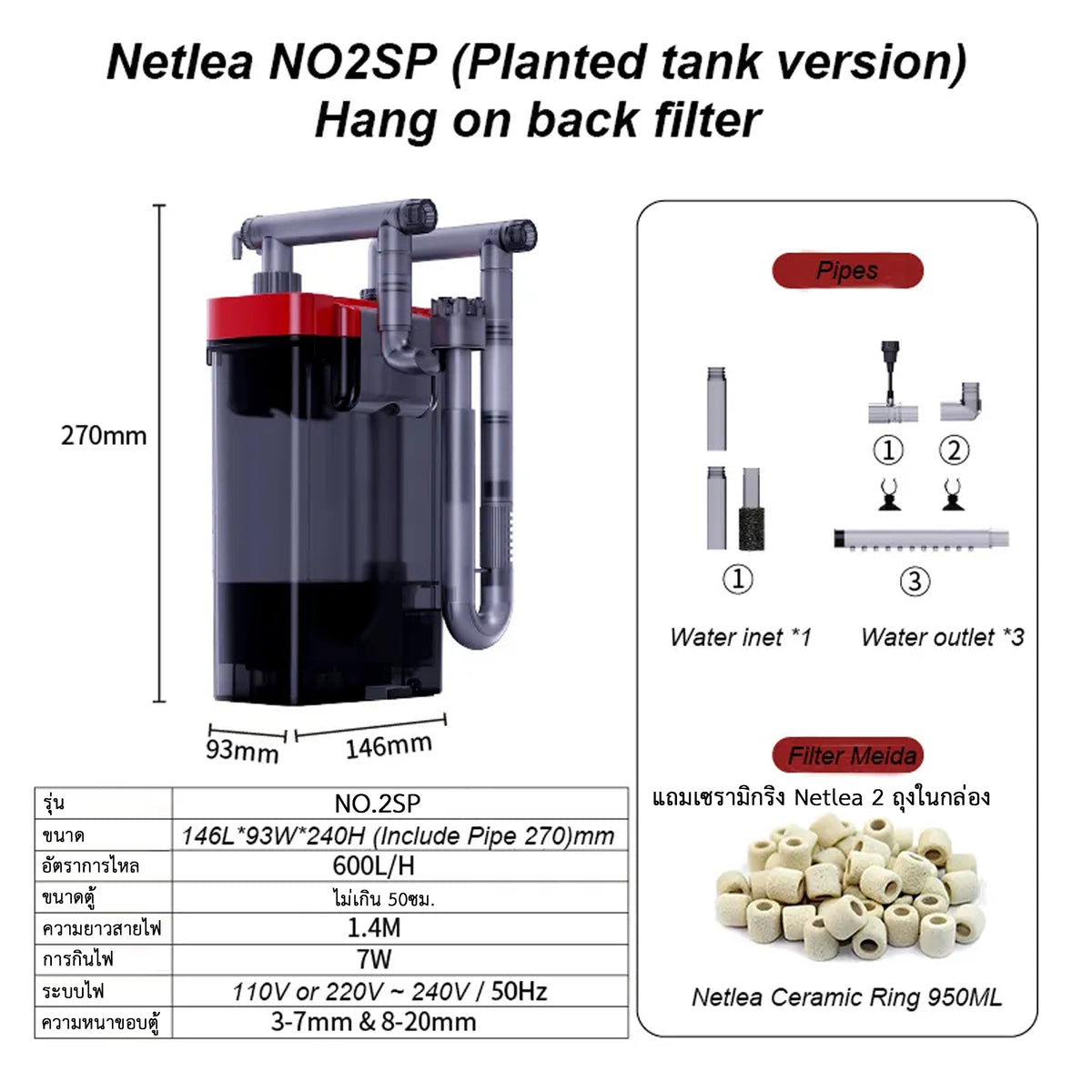 กรองแขวน/กรองนอกแบบแขวนสำหรับตู้ไม้น้ำ Netlea NO.1SP, NO.2SP
